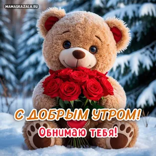 Романтичная открытка доброе утро с мишкой и розами
