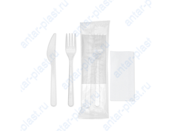 Комплект №3 (вилка прозрачная, нож прозрачный, салфетка белая)