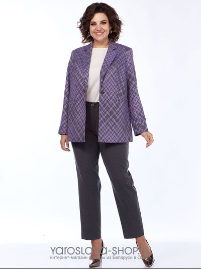 Двухпредметный брючный комплект с жакетом в клетку фиолетового цвета