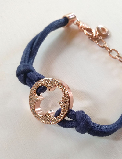 (АРТИКУЛ: 9659/32) БРАСЛЕТ ЖЕНСКИЙ, ТЕМНО-СИНИЙ ТЕКСТИЛЬ/МЕТАЛЛ ЦВЕТА "РОЗОВОЕ ЗОЛОТО"/МЕЛКИЕ СТРАЗЫ