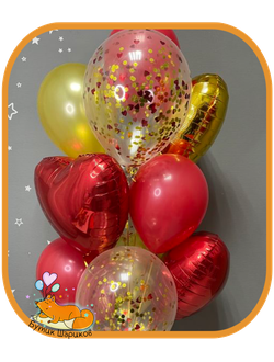 Воздушные шары гелиевые сердечки красные и золотве