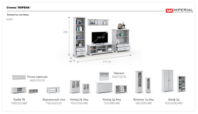 Гостиная Лорена, модульная, вариант 1, бетон пайн белый