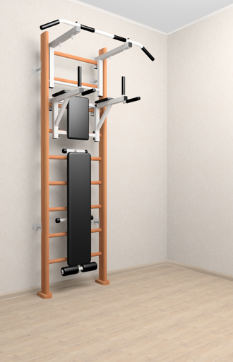 Спортивный комплекс для дома  деревянный. С турником , брусьями и  скамьей для пресса  (ОРЕХ)
