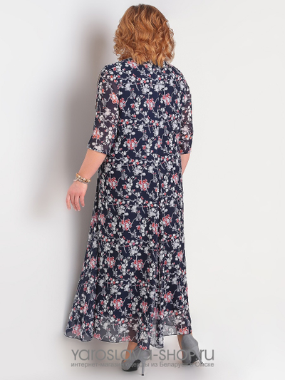 Платье синее с розово-серым цветочным рисунком из шифона