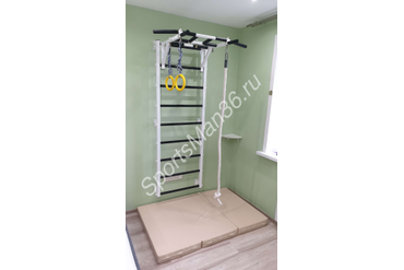 ШВЕДСКАЯ СТЕНКА РЕКОРД X1 (БЕЗ ОПОРЫ НА ПОЛ), цвет металла белый + канат, кольца гимнастические, 
МАТ ГИМНАСТИЧЕСКИЙ 1,5Х1,0Х0,1 М "PERFETTO SPORT" БЕЖЕВЫЙ СКЛАДНОЙ