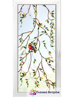 Витражная пленка, витражная пленка самоклеющаяся под заказ,пленочный витраж флора с птицами