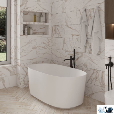 Плитка Belani Torano бежевый - интерьер ванной комнаты. Белый мрамор с золотыми прожилками. Проект