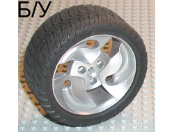 ! Б/У - Wheel 81.6 x 34 ZR Three Spoke Swirl, with Black Tire 81.6 x 34 ZR Thin Sporty Tread 32197 / 32196, Metallic Silver (32197c01) - Б/У