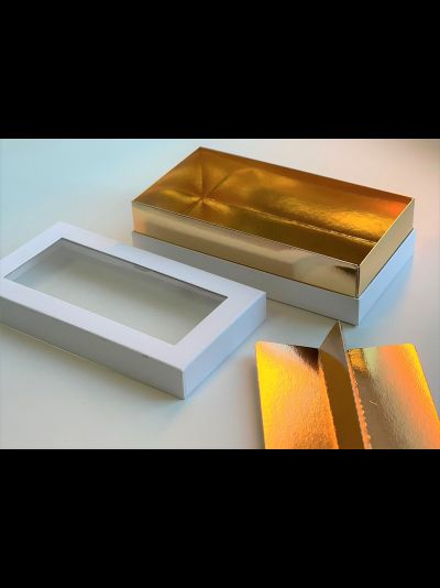 Коробка для пирожных/макарони с/о ПРЕМИУМ с/лож (белая/золото), 210*110*55мм