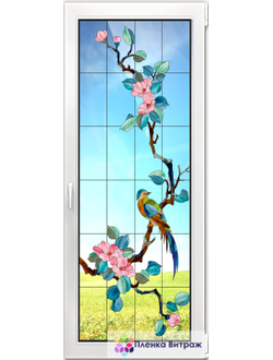 Витражная пленка, витражная пленка самоклеющаяся под заказ,пленочный витраж флора с птицами
