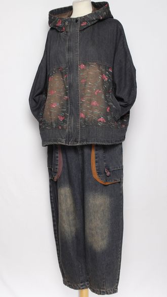 Джинсовка свободная "РОЗОВЫЕ МАЗКИ" серо-синяя р.48-58