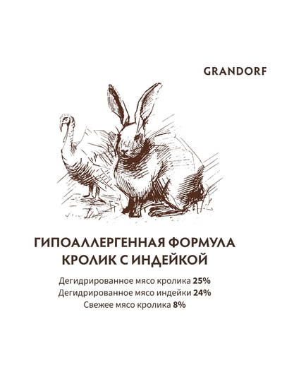 Grandorf (Грандорф) сухой корм для стерилизованных кошек и кастрированных котов Кролик с индейкой, 8 кг