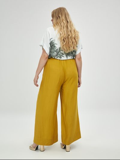 Летние брюки широкие на кулисе из вискозы со льном (горчич)