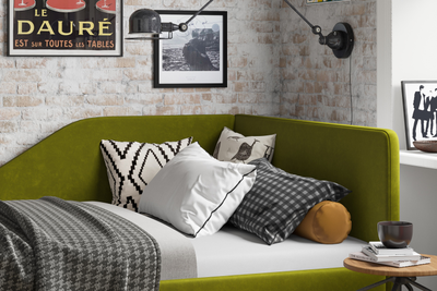 Угловая кровать, тахта, софа, подростковая MyCloud Муза, с подъемным механизмом, бельевым ящиком, боковой спинкой, ножки под робот пылесос