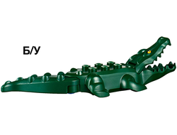 ! Б/У - Alligator / Crocodile with 20 Teeth with Yellow Eyes with White Glints Pattern with Blue Technic, Pin 1/2, Dark Green (18904c01pb01) - Б/У