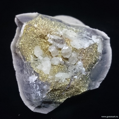 Пирит, "Спектропирит", кальцит в полости конкреции. Россия. 50*50*31мм