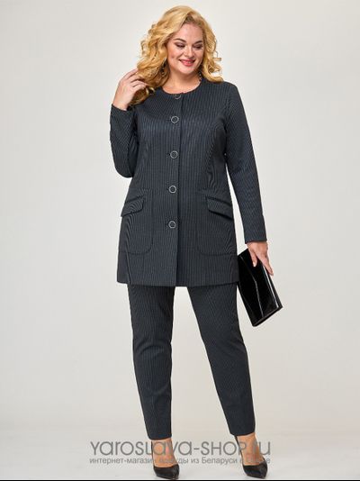 Модель: А-3925. Деловой женский костюм: брюки и жакет на пуговицах в мелкую полоску.