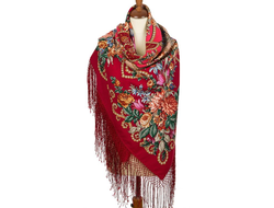 Павловопосадские многоцветные платки (шали)  148x148 см, из уплотнённой шерсти,  с шёлковой вязаной бахромой