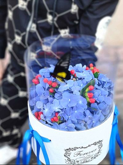 Синяя гортензия с большой бабочкой №61