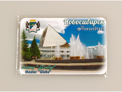 Гибкий сувенирный магнит на холодильник 8х6 см. с фото фонтана у Новосибирского театра Глобус