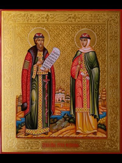 Петр и Феврония Муромские, Святые Чудотворцы. Рукописная икона 17,5х21см.