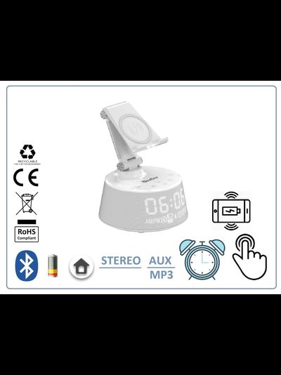 OneDer V02 Bluetooth колонка HiFi СТЕРЕО, с информатором времени/будильник, + модуль беспроводной зарядки, с сенсорным управлением,  с аккумулятором для использования в помещении