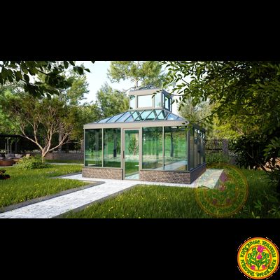 Зимняя теплица оранжерея “Роналд” в классическом английском стиле с четырехскатной крышей и зенитным фонарем размером 5000 х 5000 мм.