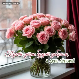 Букет розовых роз у окна