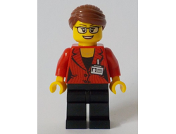 Reporter - Female, Red Suit Jacket with ID Badge, Black Legs, Reddish Brown Hair Swept Back into Bun, Glasses, n/a (cty1045)