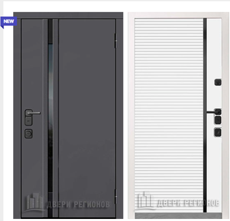 Дверь металлическая "Обсидиан Термо"Серая эмаль/Эмаль белая, вставка черное стекло