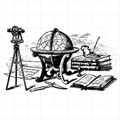 Винтажный штамп стол путешественника - блокнот для записей, астролябия, перо в чернильнице, книги