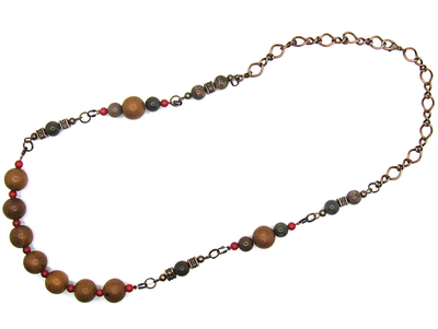 "Осень". Длинные бусы (60см) с кораллом и яшмой в стиле бохо-шик