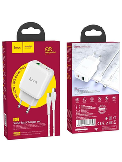 СЗУ 1USB + Type-C Hoco N5 PD20W+QC3.0 White + Cable Type-C to Lightning