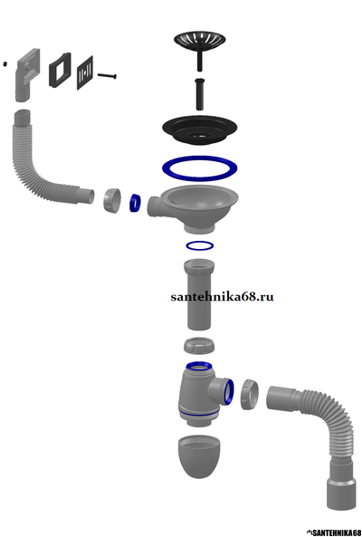 Сифон для мойки с прямоугольным переливом и выпуском Unicorn B425
