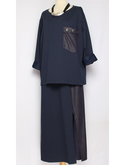 КОСТЮМ ДЖЕМПЕР И ЮБКА "ТРИКОТАЖ КОМБИНИРОВАННЫЙ" синий р.54