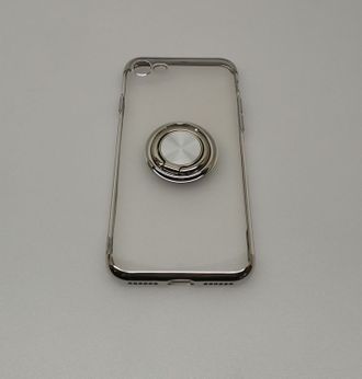 Защитная крышка iPhone 7/8 прозрачная, с серебристым бампером и кольцом-держателем