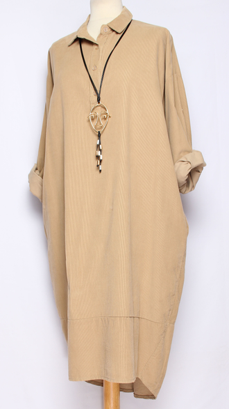 Платье-рубашка Бохо вельветовое "Тюльпан разрез" бежевое до р.52