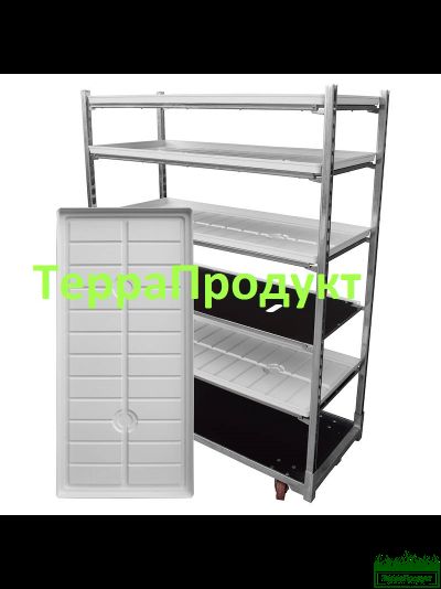 СТЕЛЛАЖ НА КОЛЕСАХ ИЗ ПРОВОЛОЧНОЙ СЕТКИ 5 ПОЛОК 5 ЛОТКОВ ДЛЯ ГИДРОПОНИКИ И АЭРОПОНИКИ