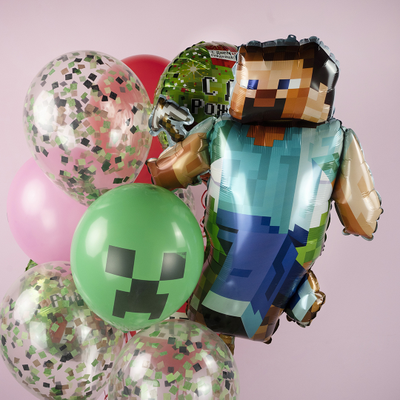 Воздушные шары в стиле Майнкрафт с фольгированной фигурой Стива