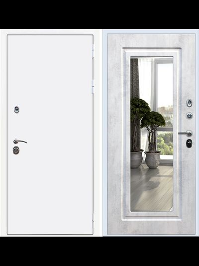 Белая стальная дверь Rx 5 с зеркалом светлый бетон