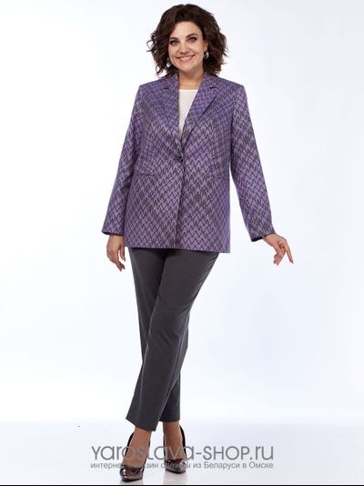 Модель: 2961.Двухпредметный брючный комплект серого цвета жакет в клетку