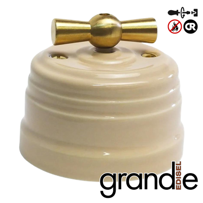 керамический ретро выключатель двухклавишный бежевый Grande с латунной ручкой