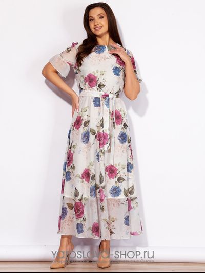 Модель :2443. Женское  шифоновое платье с цветочным принтом в белом цвете