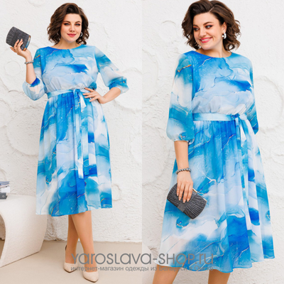 Роскошное платье из шифона в голубом оттенке