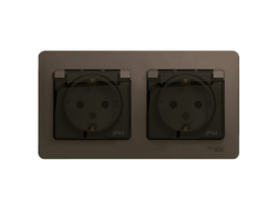 GLOSSA розетка двойная с заземлением со шторками с крышкой, в сборе, IP44, шоколад