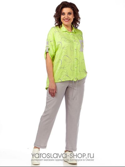 Модель: 2275.Брючный комплект 2-ка из хлопка серого цвета блуза с абстрактным принтом