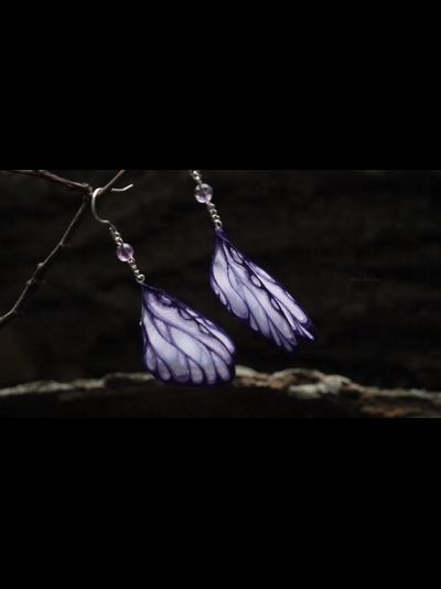 Волшебные серьги "Крылышки Феи Баклажанницы" (натуральный флюорит, шёлк)