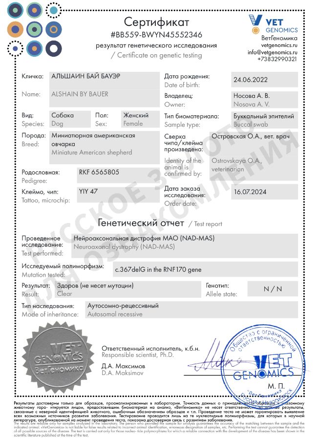 Аля. Результаты анализов на генетические заболевания.