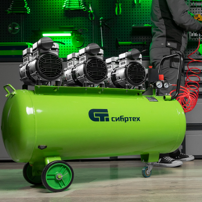 Компрессор безмаслянный малошумный МБ 2250/100, 2250 Вт, 100л, 400 л/мин Сибртех