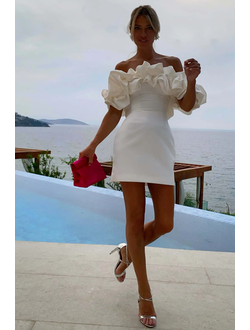 Платье мини со сборкой БЕЗЕ (молочный)